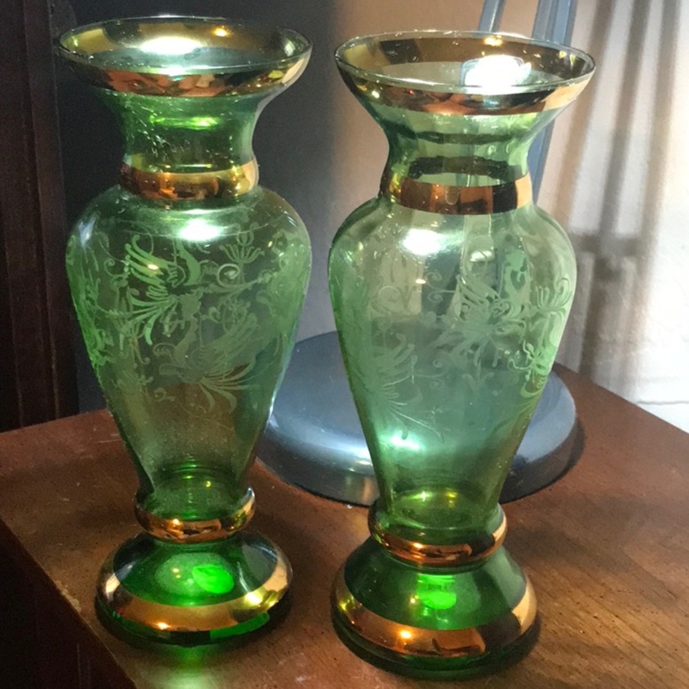 Pair of Vintage Elegant Bohemian Green Glass Etched Vases with Gold Accents